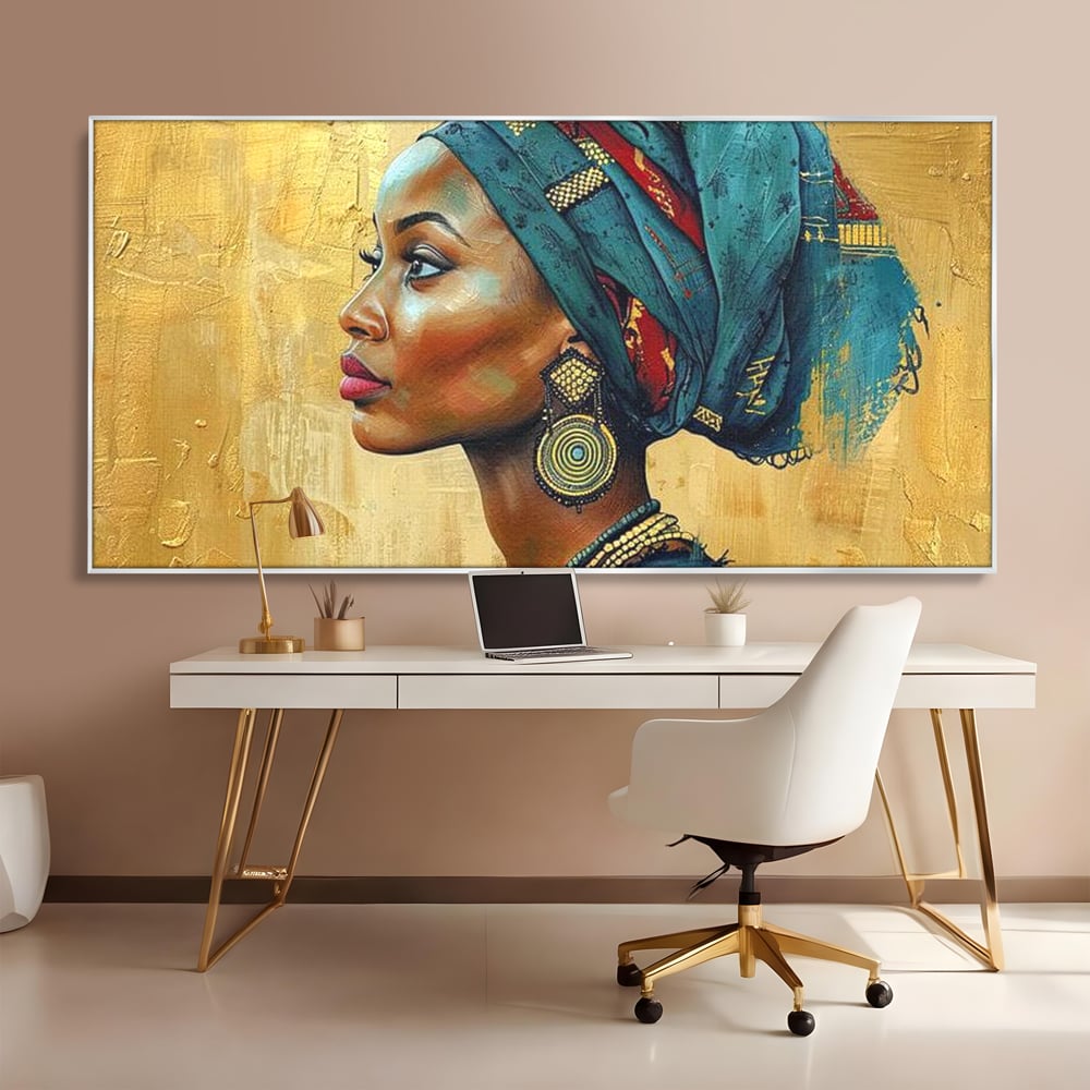 Leinwand Premium Canvas Wandkunst, LuxCanva® G1126, Königin des Sandes, Afrikanisch, Königlich, Turban, Tradition, Kultur, Identität, Gold, Ethnisch, Erbstück, Wohnen, Schlafzimmer