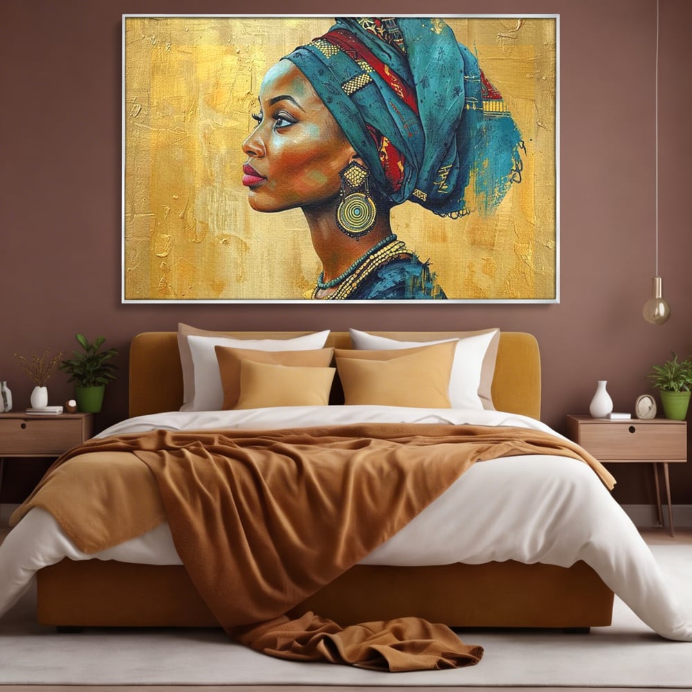 Leinwand Premium Canvas Wandkunst, LuxCanva® G1126, Königin des Sandes, Afrikanisch, Königlich, Turban, Tradition, Kultur, Identität, Gold, Ethnisch, Erbstück, Wohnen, Schlafzimmer