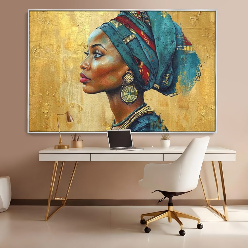 Leinwand Premium Canvas Wandkunst, LuxCanva® G1126, Königin des Sandes, Afrikanisch, Königlich, Turban, Tradition, Kultur, Identität, Gold, Ethnisch, Erbstück, Wohnen, Schlafzimmer