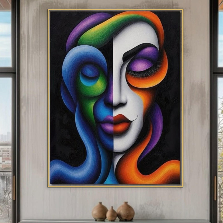 Tablou Canvas Premium LuxCanva® G1128 "Puterea din Intuneric" înfățișează o față de femeie razboinică, tribală, în culori vibrante și contraste dramatice. Ideal pentru living sau dormitor ca decor modern pe perete, deasupra unui raft cu vaze.