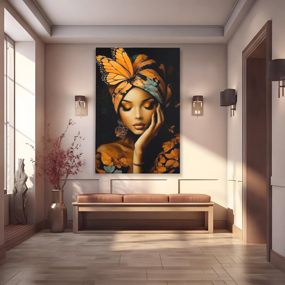 Leinwand Leinwand Wandkunst Premium, LuxCanva® G1129, Gelassenheit in Bernstein, Gedanken, Schönheit, Träumen, Reflexion, Aura, Meditation, Ruhe, Frau, Wohnen, Schlafzimmer