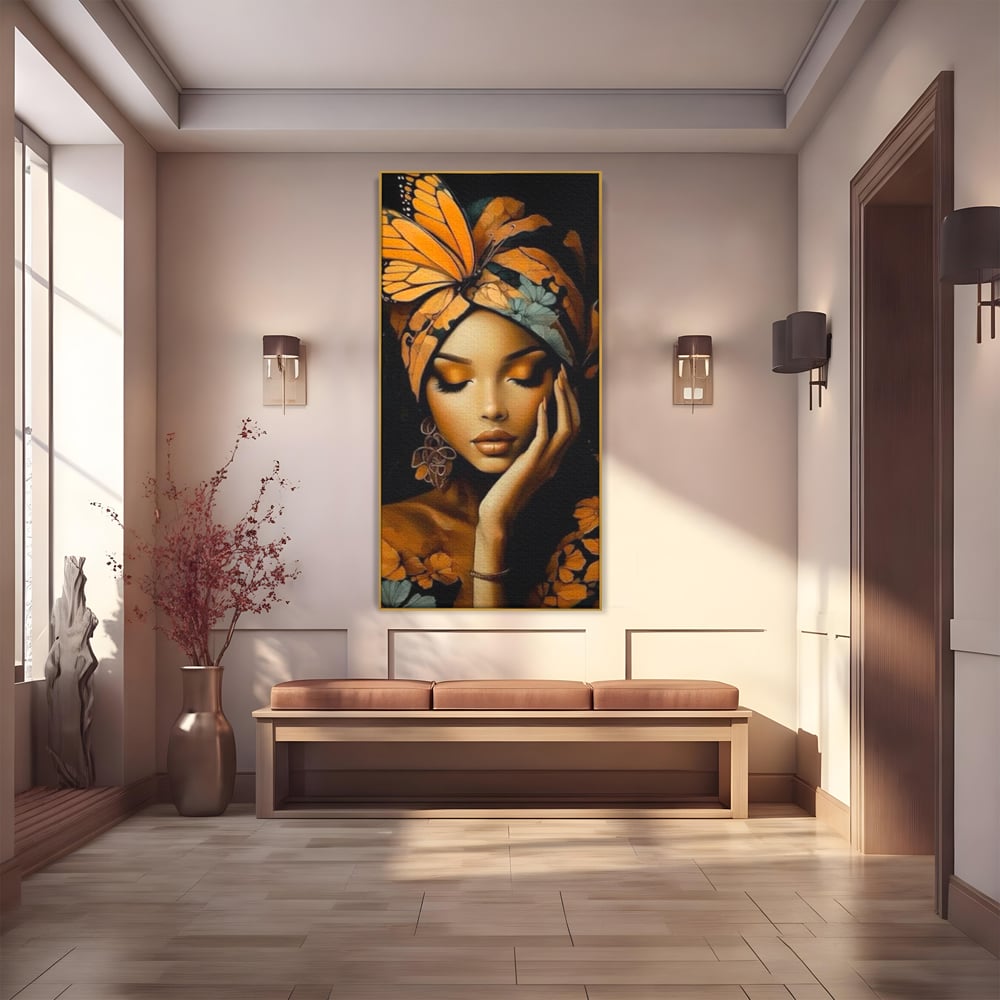 Leinwand Leinwand Wandkunst Premium, LuxCanva® G1129, Gelassenheit in Bernstein, Gedanken, Schönheit, Träumen, Reflexion, Aura, Meditation, Ruhe, Frau, Wohnen, Schlafzimmer