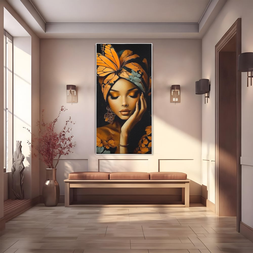 Leinwand Leinwand Wandkunst Premium, LuxCanva® G1129, Gelassenheit in Bernstein, Gedanken, Schönheit, Träumen, Reflexion, Aura, Meditation, Ruhe, Frau, Wohnen, Schlafzimmer