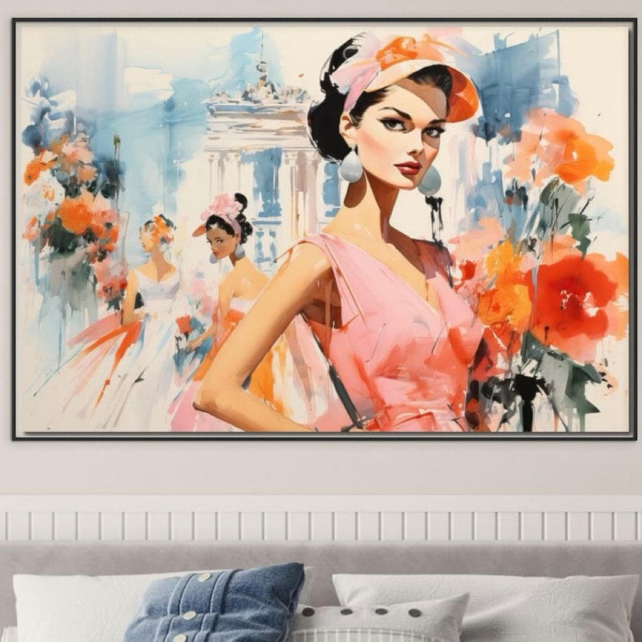 Tabloul LuxCanva® Tablou Canvas Premium G1130, "O Primavara Retro", prezintă femei elegante în rochii roz cu fundaluri florale, adăugând stil parizian de epocă și rafinament sufrageriei sau dormitorului dumneavoastră.