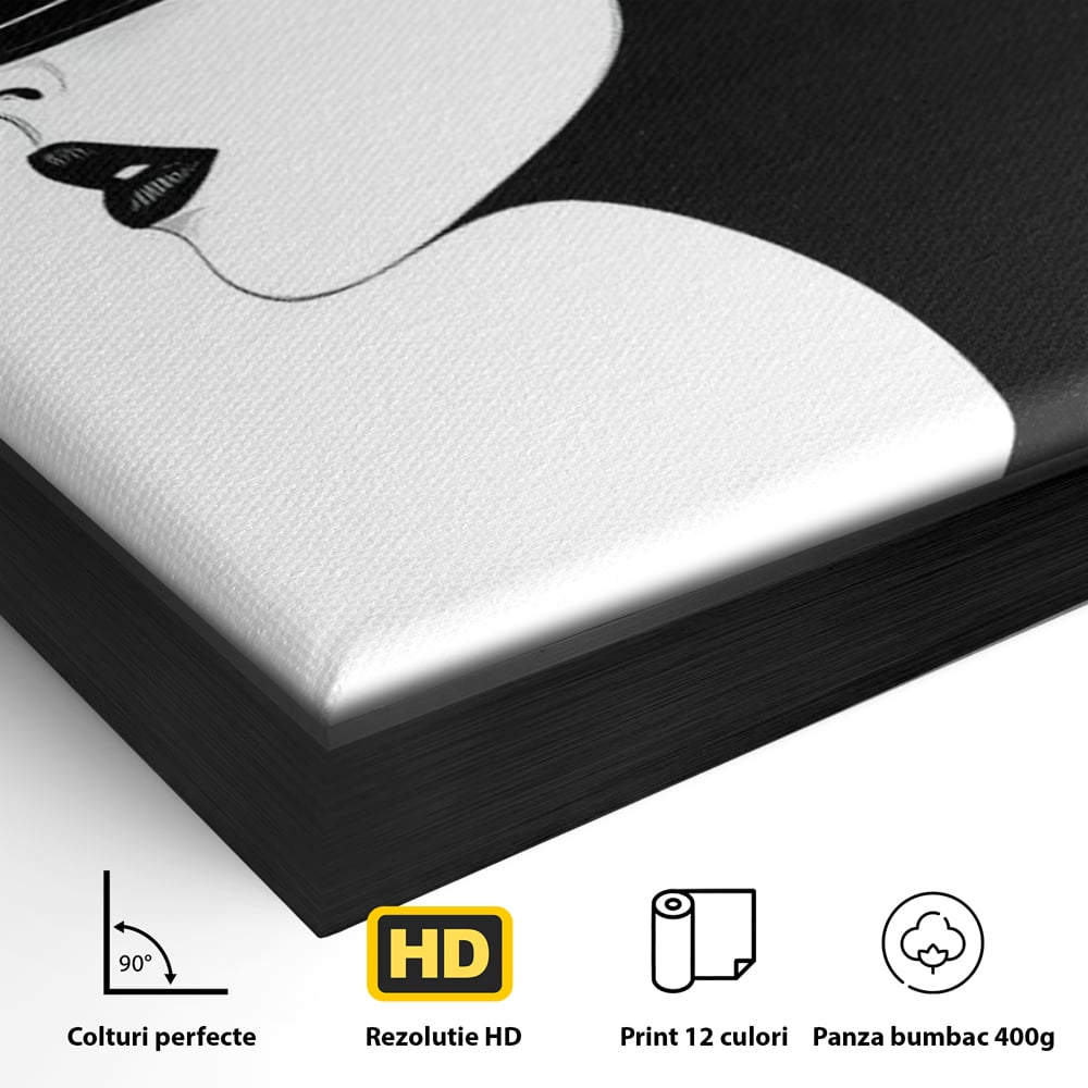 Tablou Canvas Premium, LuxCanva® G1131, Femeia din Umbra,Profil, Mister, Silueta, Stilizat, Alb, Negru, Eleganta, Moda, Arta, Minimalist, Lux, Rafinament, Birou, Living