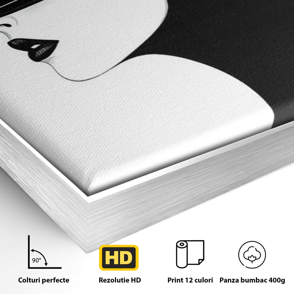 Tablou Canvas Premium, LuxCanva® G1131, Femeia din Umbra,Profil, Mister, Silueta, Stilizat, Alb, Negru, Eleganta, Moda, Arta, Minimalist, Lux, Rafinament, Birou, Living