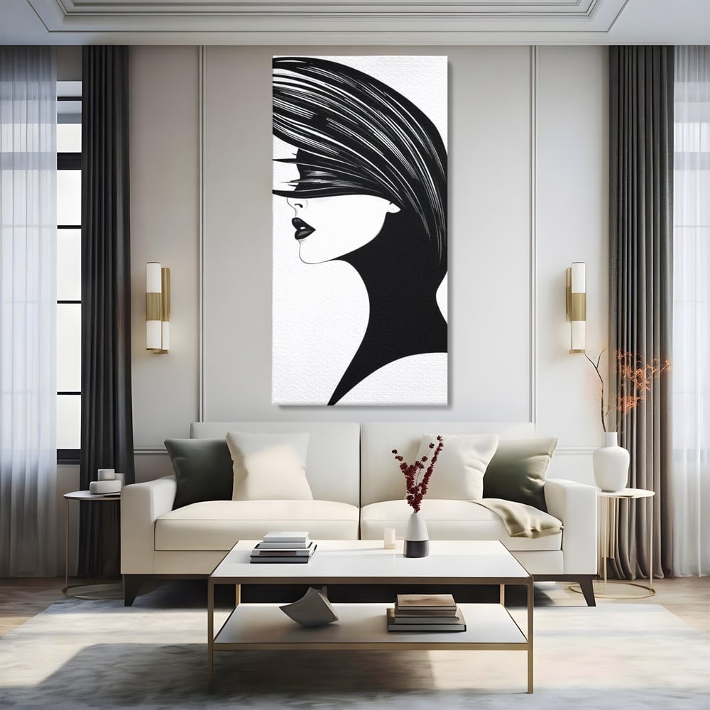 Tablou Canvas Premium, LuxCanva® G1131, Femeia din Umbra,Profil, Mister, Silueta, Stilizat, Alb, Negru, Eleganta, Moda, Arta, Minimalist, Lux, Rafinament, Birou, Living