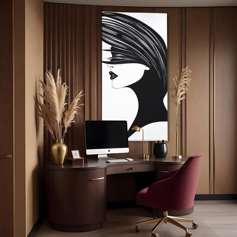 Tablou Canvas Premium, LuxCanva® G1131, Femeia din Umbra,Profil, Mister, Silueta, Stilizat, Alb, Negru, Eleganta, Moda, Arta, Minimalist, Lux, Rafinament, Birou, Living