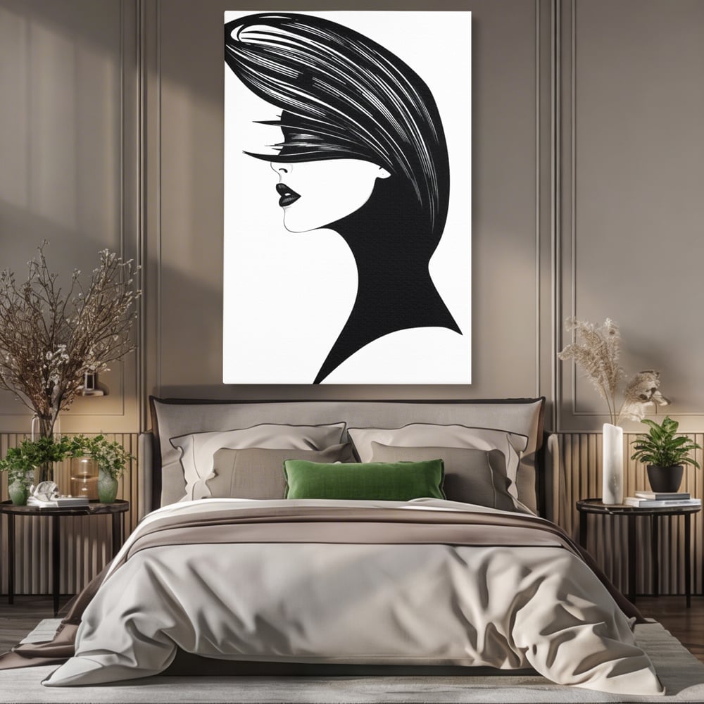 Tablou Canvas Premium, LuxCanva® G1131, Femeia din Umbra,Profil, Mister, Silueta, Stilizat, Alb, Negru, Eleganta, Moda, Arta, Minimalist, Lux, Rafinament, Birou, Living