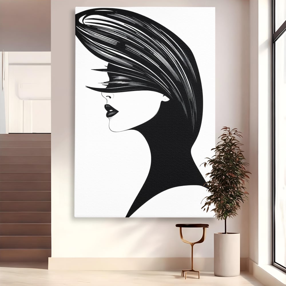Tablou Canvas Premium, LuxCanva® G1131, Femeia din Umbra,Profil, Mister, Silueta, Stilizat, Alb, Negru, Eleganta, Moda, Arta, Minimalist, Lux, Rafinament, Birou, Living