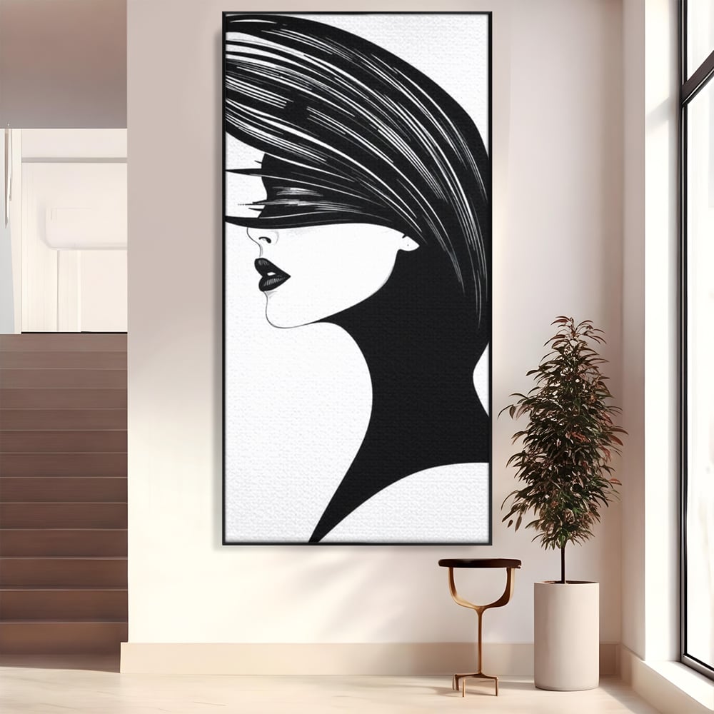 Tablou Canvas Premium, LuxCanva® G1131, Femeia din Umbra,Profil, Mister, Silueta, Stilizat, Alb, Negru, Eleganta, Moda, Arta, Minimalist, Lux, Rafinament, Birou, Living