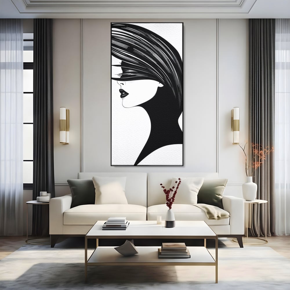 Tablou Canvas Premium, LuxCanva® G1131, Femeia din Umbra,Profil, Mister, Silueta, Stilizat, Alb, Negru, Eleganta, Moda, Arta, Minimalist, Lux, Rafinament, Birou, Living