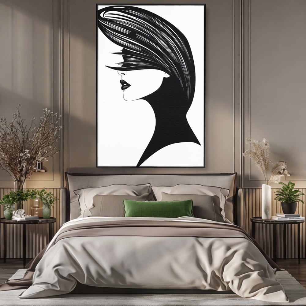 Tablou Canvas Premium, LuxCanva® G1131, Femeia din Umbra,Profil, Mister, Silueta, Stilizat, Alb, Negru, Eleganta, Moda, Arta, Minimalist, Lux, Rafinament, Birou, Living