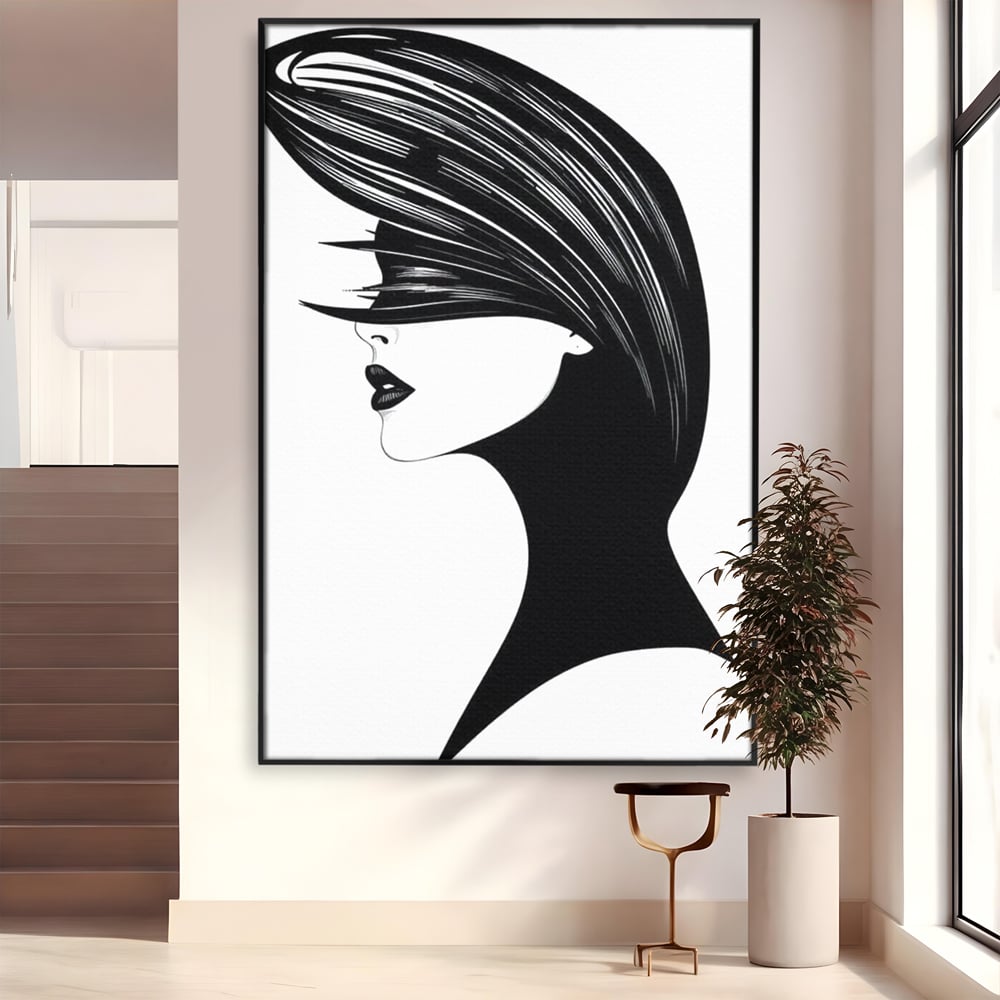 Tablou Canvas Premium, LuxCanva® G1131, Femeia din Umbra,Profil, Mister, Silueta, Stilizat, Alb, Negru, Eleganta, Moda, Arta, Minimalist, Lux, Rafinament, Birou, Living