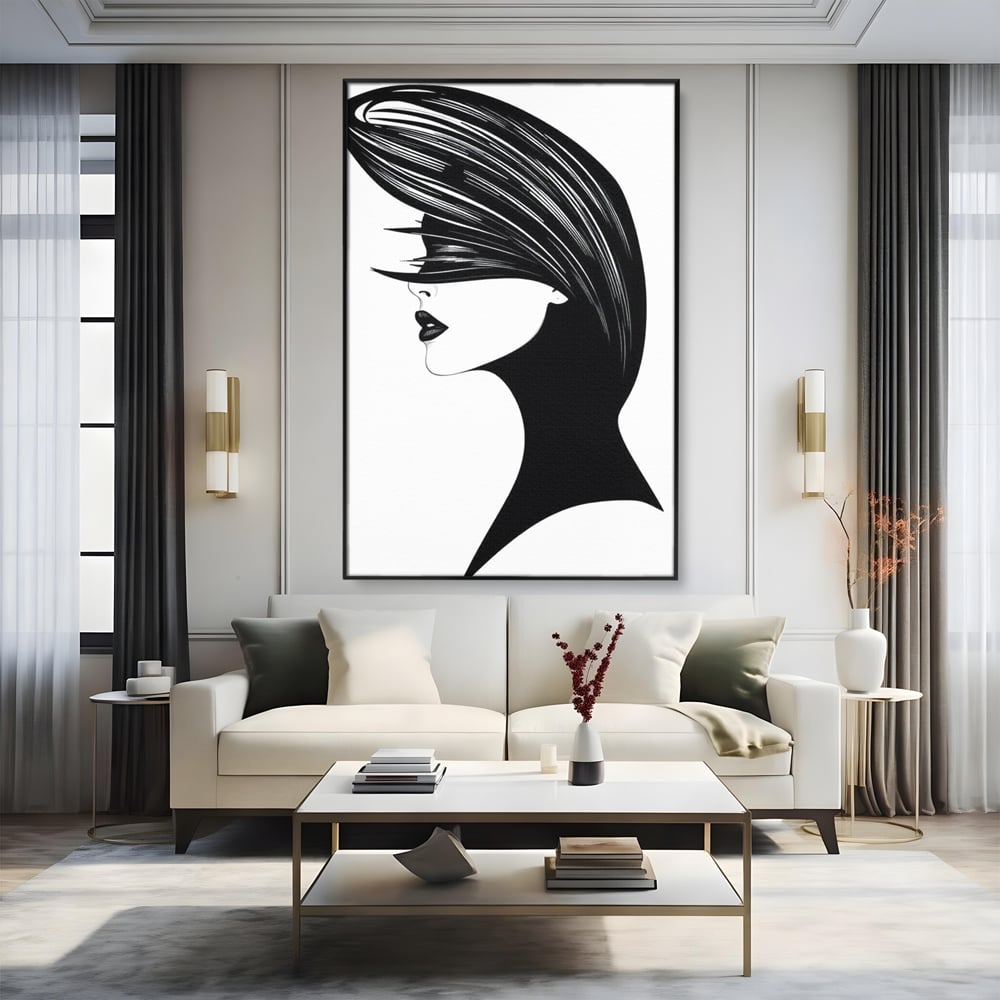 Tablou Canvas Premium, LuxCanva® G1131, Femeia din Umbra,Profil, Mister, Silueta, Stilizat, Alb, Negru, Eleganta, Moda, Arta, Minimalist, Lux, Rafinament, Birou, Living