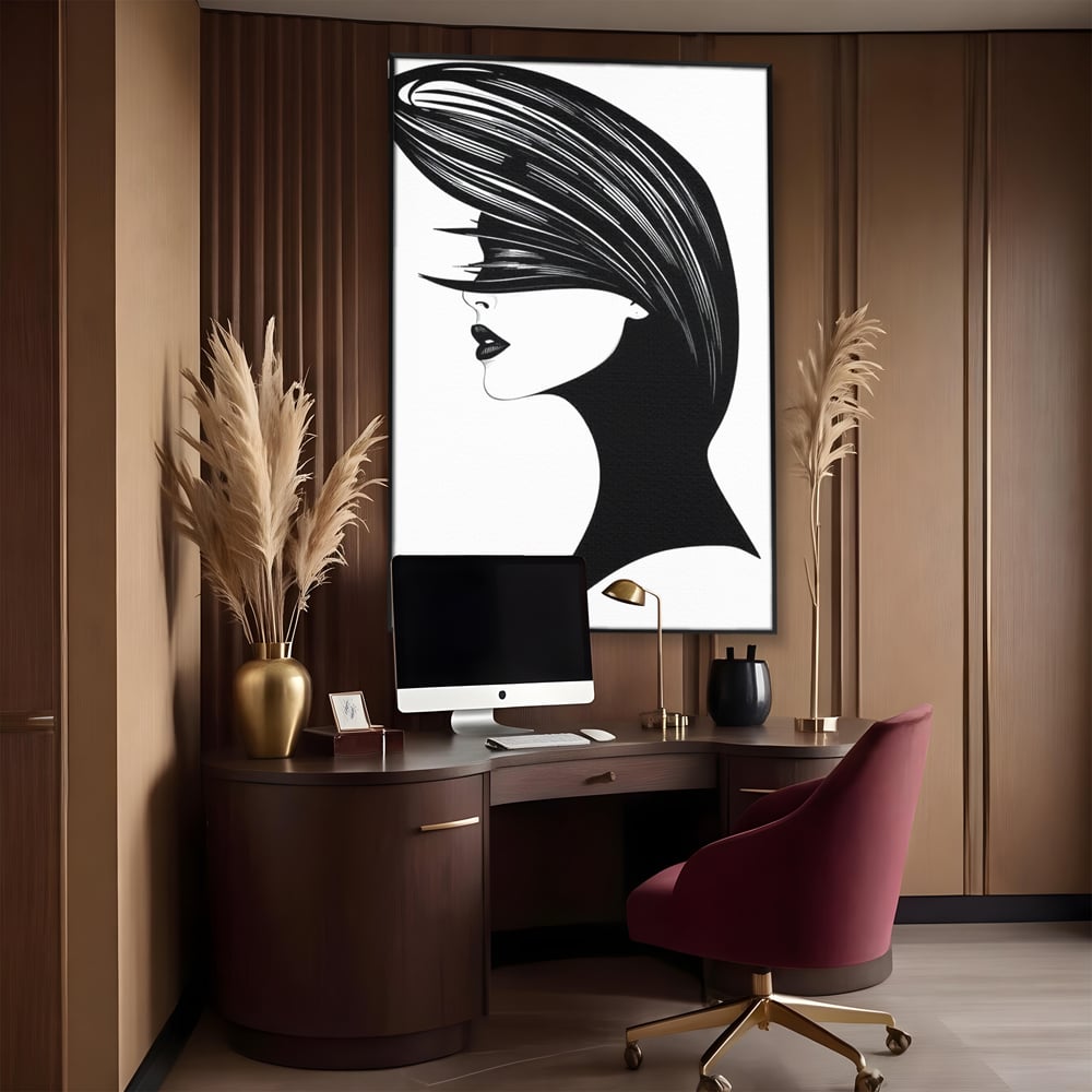 Tablou Canvas Premium, LuxCanva® G1131, Femeia din Umbra,Profil, Mister, Silueta, Stilizat, Alb, Negru, Eleganta, Moda, Arta, Minimalist, Lux, Rafinament, Birou, Living