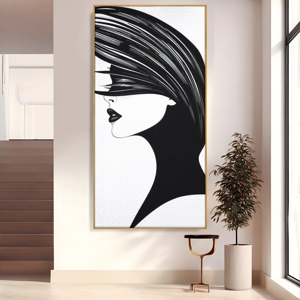 Tablou Canvas Premium, LuxCanva® G1131, Femeia din Umbra,Profil, Mister, Silueta, Stilizat, Alb, Negru, Eleganta, Moda, Arta, Minimalist, Lux, Rafinament, Birou, Living