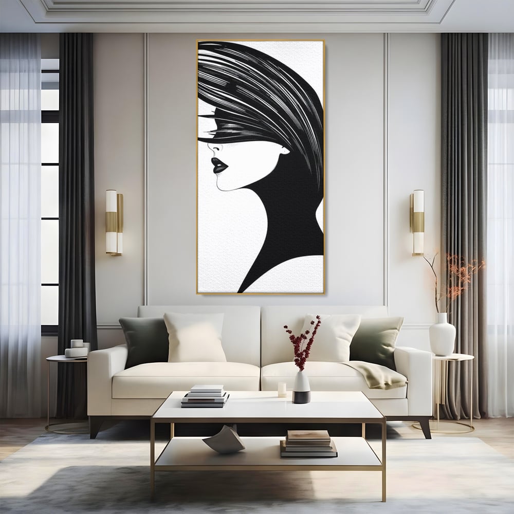 Tablou Canvas Premium, LuxCanva® G1131, Femeia din Umbra,Profil, Mister, Silueta, Stilizat, Alb, Negru, Eleganta, Moda, Arta, Minimalist, Lux, Rafinament, Birou, Living