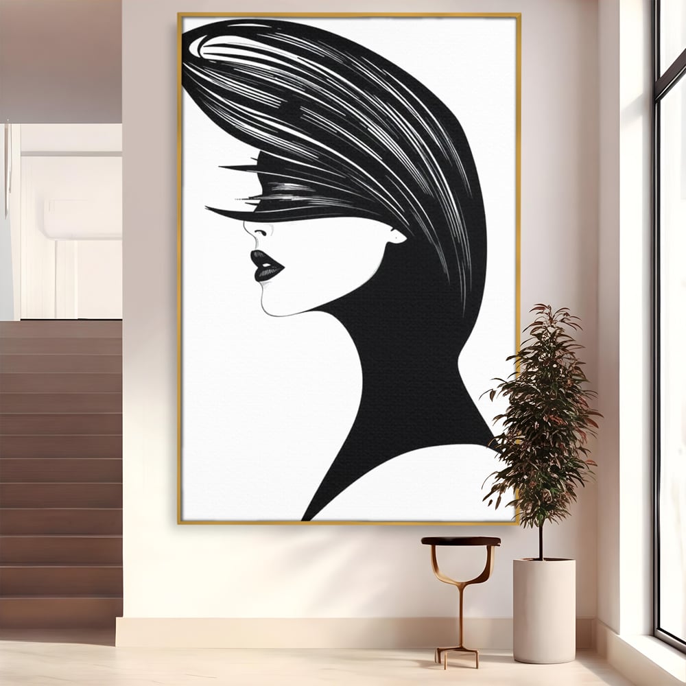 Tablou Canvas Premium, LuxCanva® G1131, Femeia din Umbra,Profil, Mister, Silueta, Stilizat, Alb, Negru, Eleganta, Moda, Arta, Minimalist, Lux, Rafinament, Birou, Living