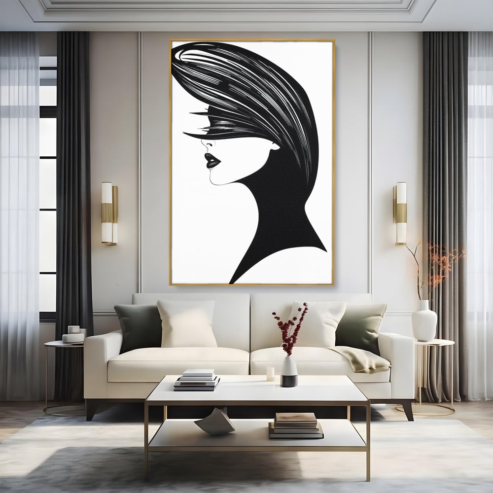 Tablou Canvas Premium, LuxCanva® G1131, Femeia din Umbra,Profil, Mister, Silueta, Stilizat, Alb, Negru, Eleganta, Moda, Arta, Minimalist, Lux, Rafinament, Birou, Living