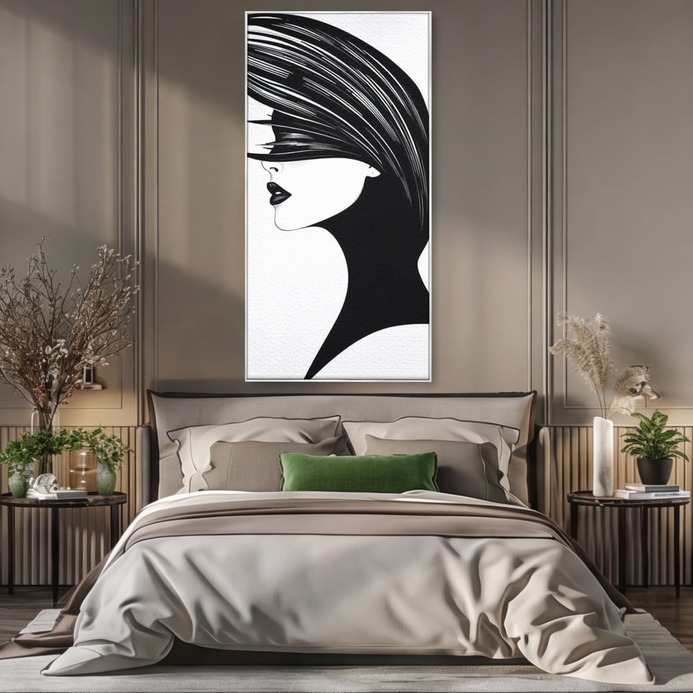 Tablou Canvas Premium, LuxCanva® G1131, Femeia din Umbra,Profil, Mister, Silueta, Stilizat, Alb, Negru, Eleganta, Moda, Arta, Minimalist, Lux, Rafinament, Birou, Living