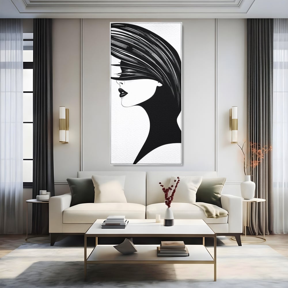 Tablou Canvas Premium, LuxCanva® G1131, Femeia din Umbra,Profil, Mister, Silueta, Stilizat, Alb, Negru, Eleganta, Moda, Arta, Minimalist, Lux, Rafinament, Birou, Living