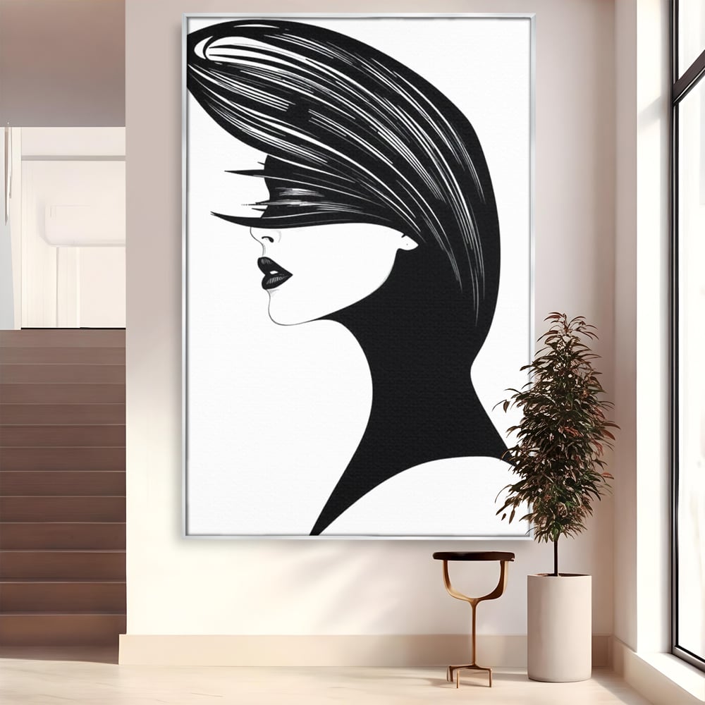 Tablou Canvas Premium, LuxCanva® G1131, Femeia din Umbra,Profil, Mister, Silueta, Stilizat, Alb, Negru, Eleganta, Moda, Arta, Minimalist, Lux, Rafinament, Birou, Living