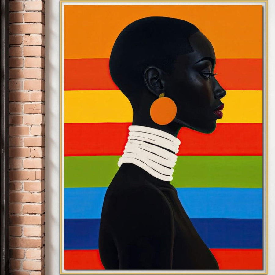 Adăugați o notă de eleganță spațiului dvs. cu LuxCanva® Tablou Canvas Premium G1132: "Femeia Curcubeu" - o pânză vibrantă, modernă, reprezentând o femeie afro în profil, cu bijuterii colorate și fundal, perfectă pentru birou sau living.