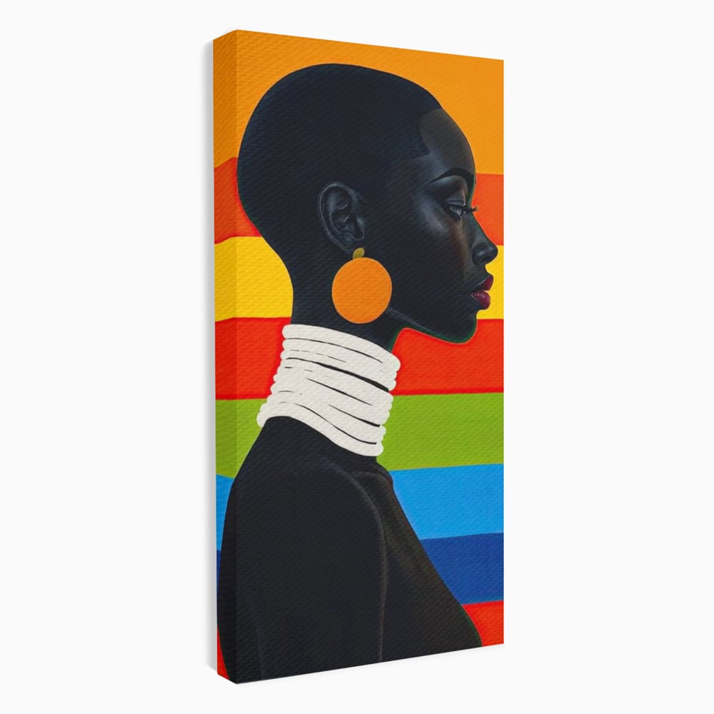 Leinwandbilder Premium, LuxCanva® G1132, Regenbogen Frau, Afro, Modernismus, Eleganz, Schmuck, Regenbogen, stilvoll, Profil, Halskette, Ohrringe, farbig, schön, Büro, Wohnen
