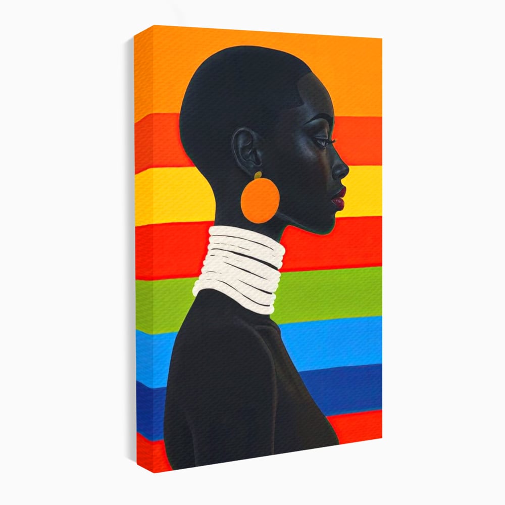 Leinwandbilder Premium, LuxCanva® G1132, Regenbogen Frau, Afro, Modernismus, Eleganz, Schmuck, Regenbogen, stilvoll, Profil, Halskette, Ohrringe, farbig, schön, Büro, Wohnen
