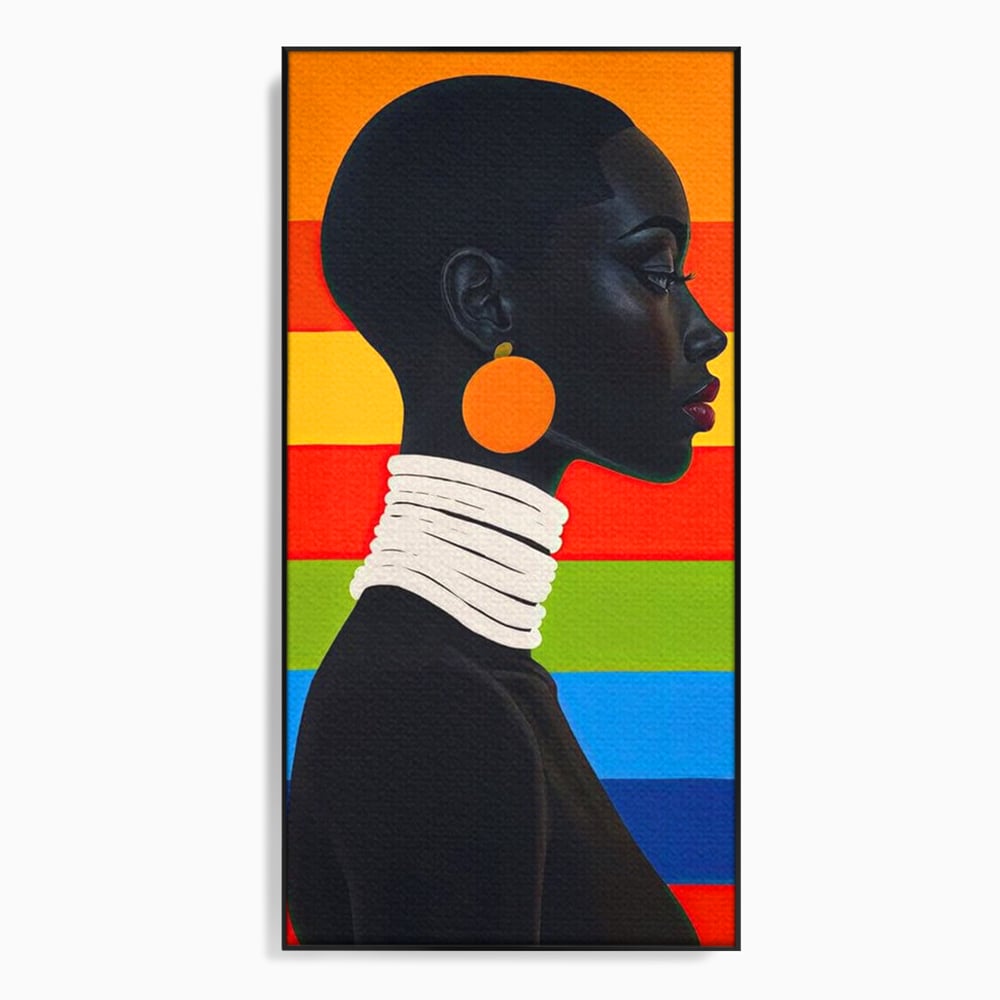 Leinwandbilder Premium, LuxCanva® G1132, Regenbogen Frau, Afro, Modernismus, Eleganz, Schmuck, Regenbogen, stilvoll, Profil, Halskette, Ohrringe, farbig, schön, Büro, Wohnen