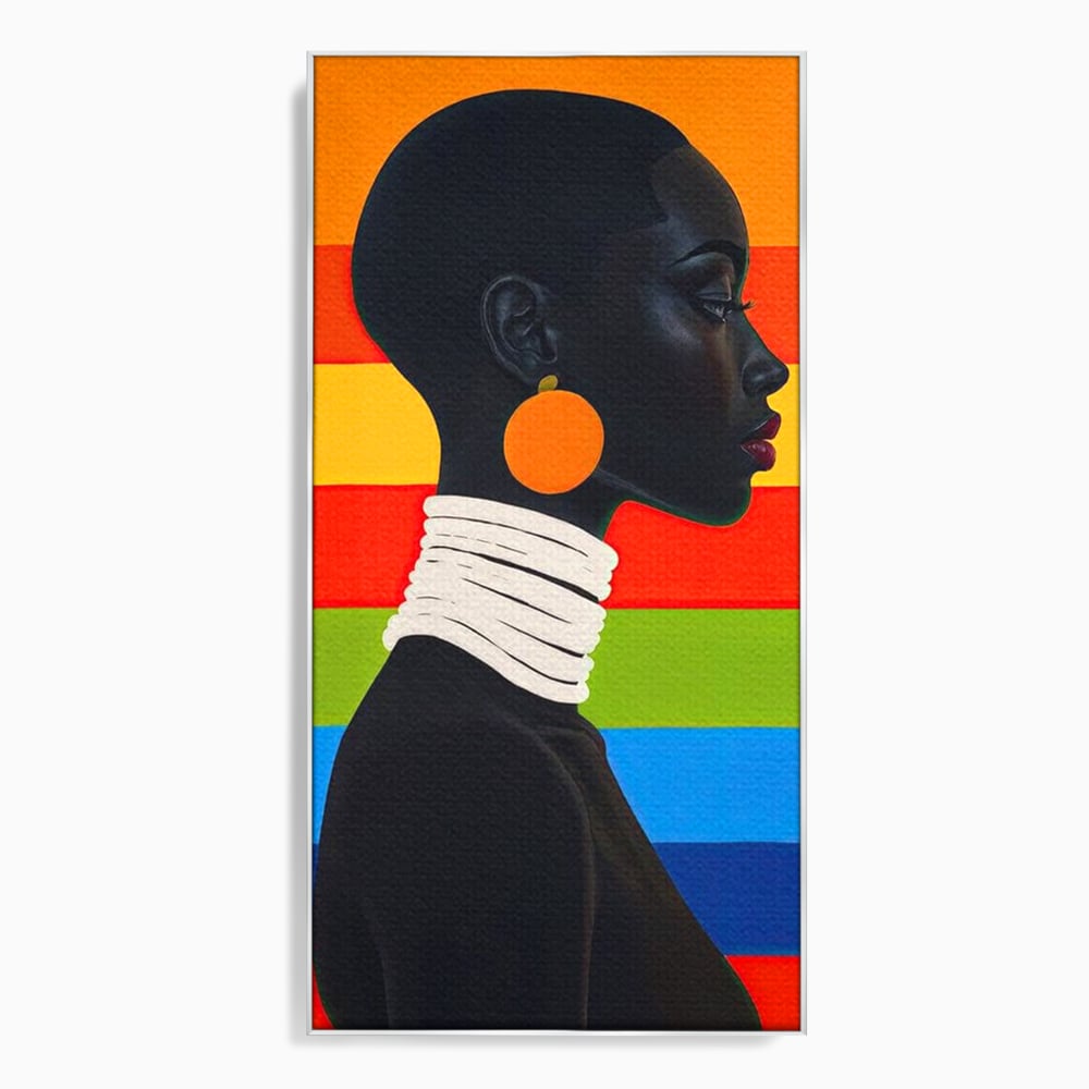 Leinwandbilder Premium, LuxCanva® G1132, Regenbogen Frau, Afro, Modernismus, Eleganz, Schmuck, Regenbogen, stilvoll, Profil, Halskette, Ohrringe, farbig, schön, Büro, Wohnen