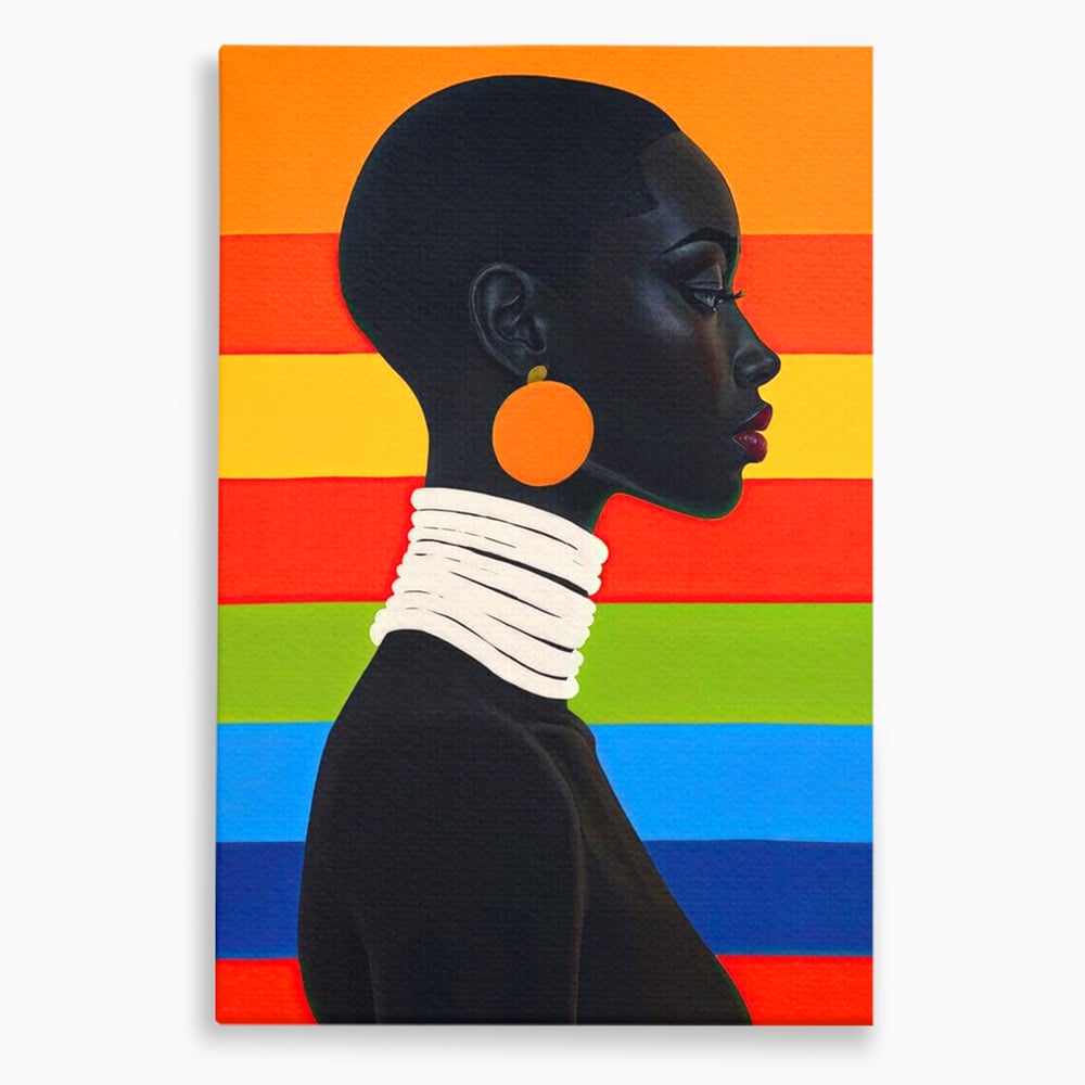 Leinwandbilder Premium, LuxCanva® G1132, Regenbogen Frau, Afro, Modernismus, Eleganz, Schmuck, Regenbogen, stilvoll, Profil, Halskette, Ohrringe, farbig, schön, Büro, Wohnen