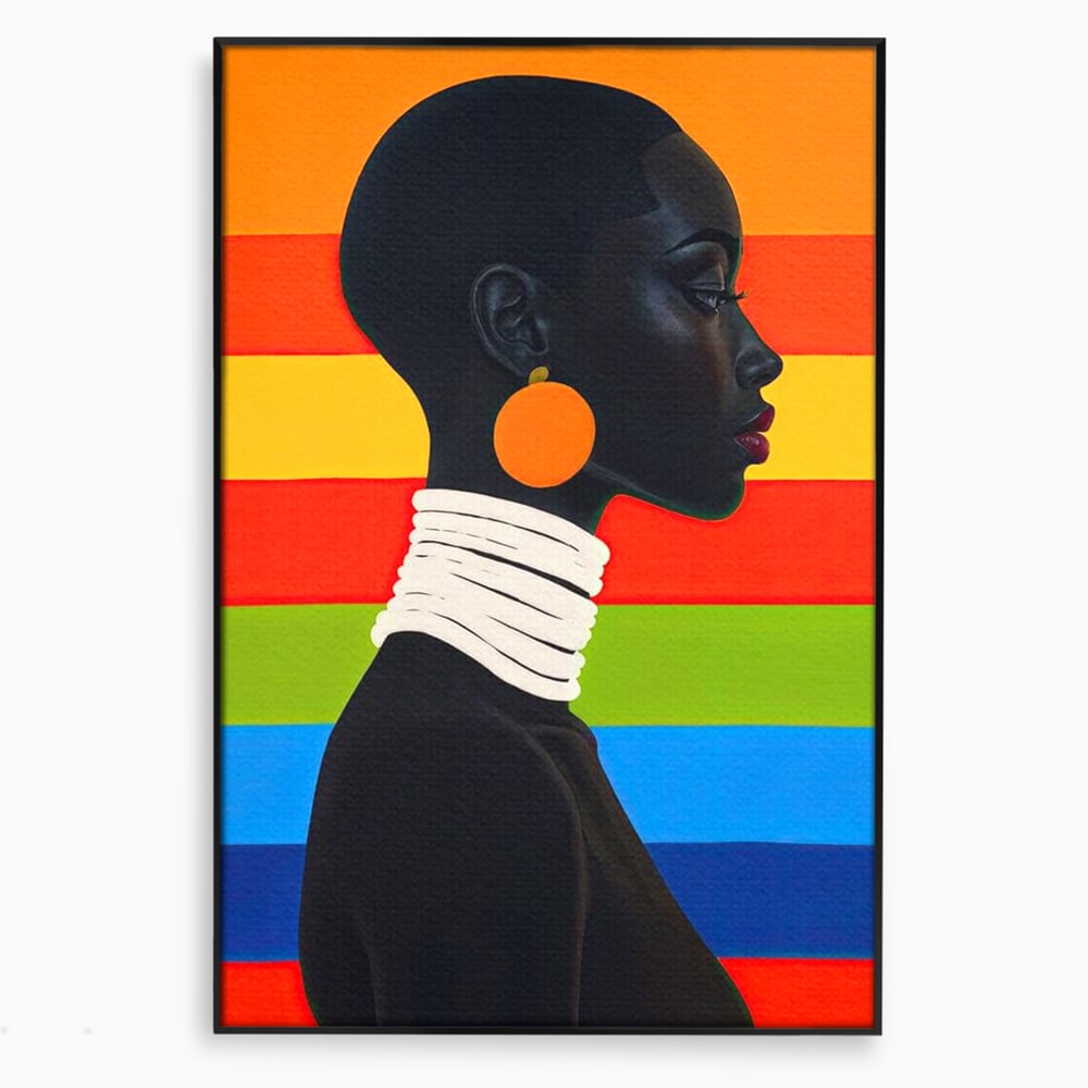Leinwandbilder Premium, LuxCanva® G1132, Regenbogen Frau, Afro, Modernismus, Eleganz, Schmuck, Regenbogen, stilvoll, Profil, Halskette, Ohrringe, farbig, schön, Büro, Wohnen