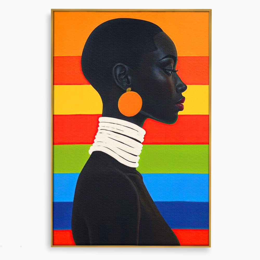 Leinwandbilder Premium, LuxCanva® G1132, Regenbogen Frau, Afro, Modernismus, Eleganz, Schmuck, Regenbogen, stilvoll, Profil, Halskette, Ohrringe, farbig, schön, Büro, Wohnen