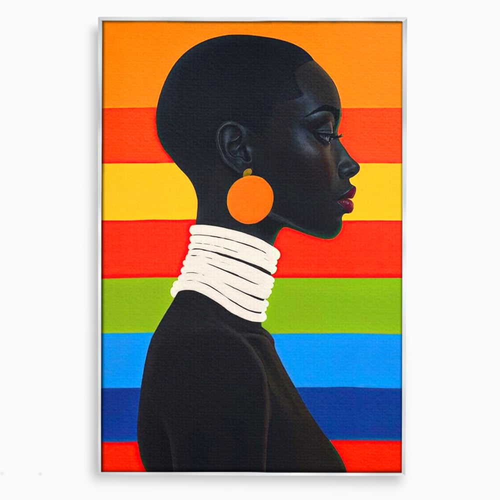 Leinwandbilder Premium, LuxCanva® G1132, Regenbogen Frau, Afro, Modernismus, Eleganz, Schmuck, Regenbogen, stilvoll, Profil, Halskette, Ohrringe, farbig, schön, Büro, Wohnen