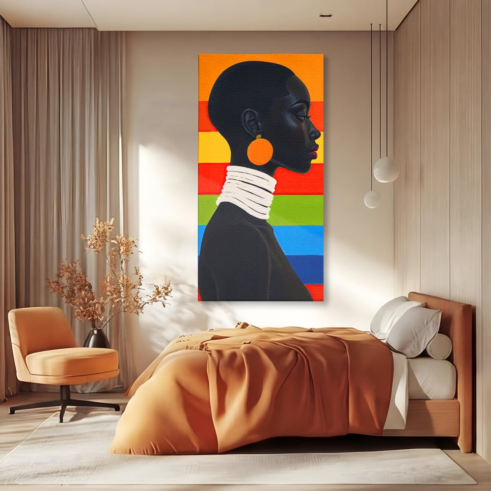 Leinwandbilder Premium, LuxCanva® G1132, Regenbogen Frau, Afro, Modernismus, Eleganz, Schmuck, Regenbogen, stilvoll, Profil, Halskette, Ohrringe, farbig, schön, Büro, Wohnen