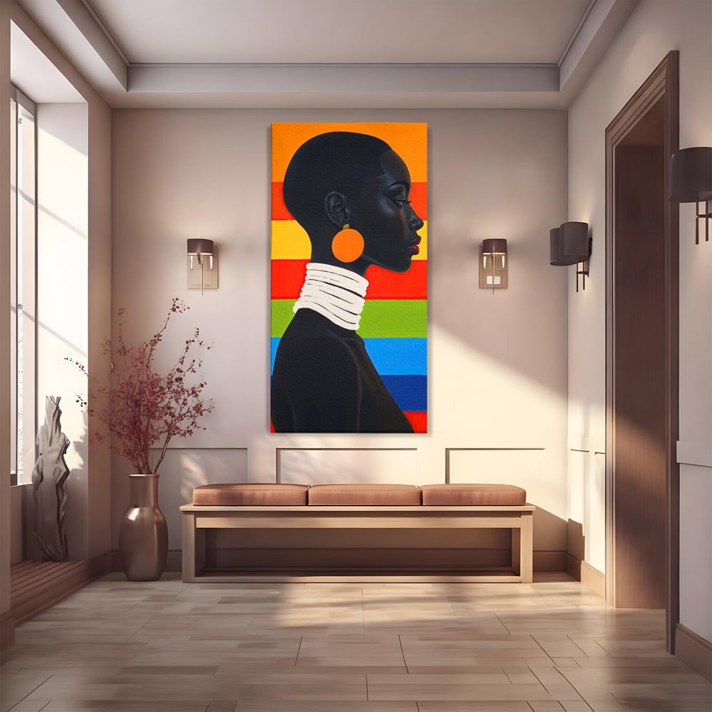 Leinwandbilder Premium, LuxCanva® G1132, Regenbogen Frau, Afro, Modernismus, Eleganz, Schmuck, Regenbogen, stilvoll, Profil, Halskette, Ohrringe, farbig, schön, Büro, Wohnen