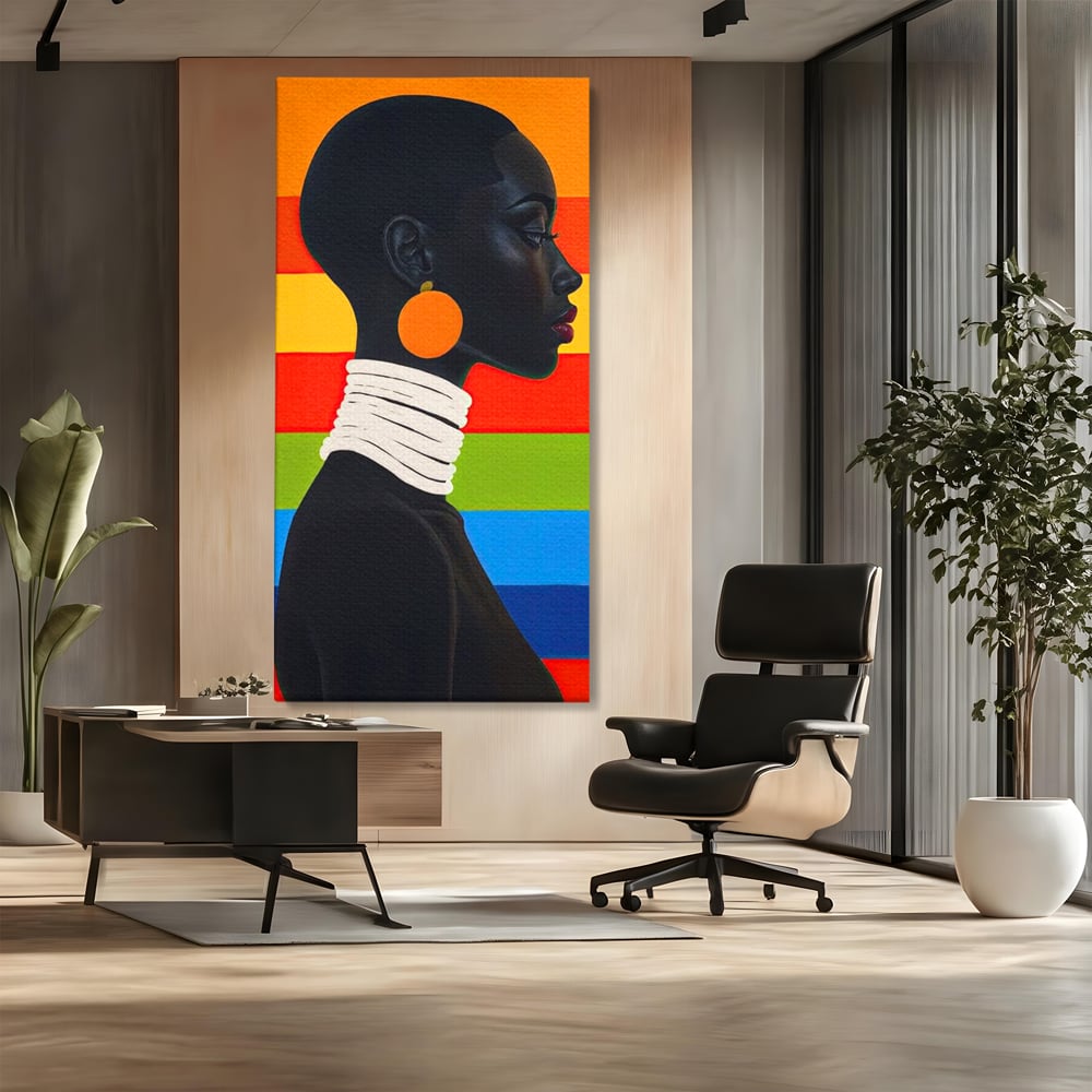 Leinwandbilder Premium, LuxCanva® G1132, Regenbogen Frau, Afro, Modernismus, Eleganz, Schmuck, Regenbogen, stilvoll, Profil, Halskette, Ohrringe, farbig, schön, Büro, Wohnen