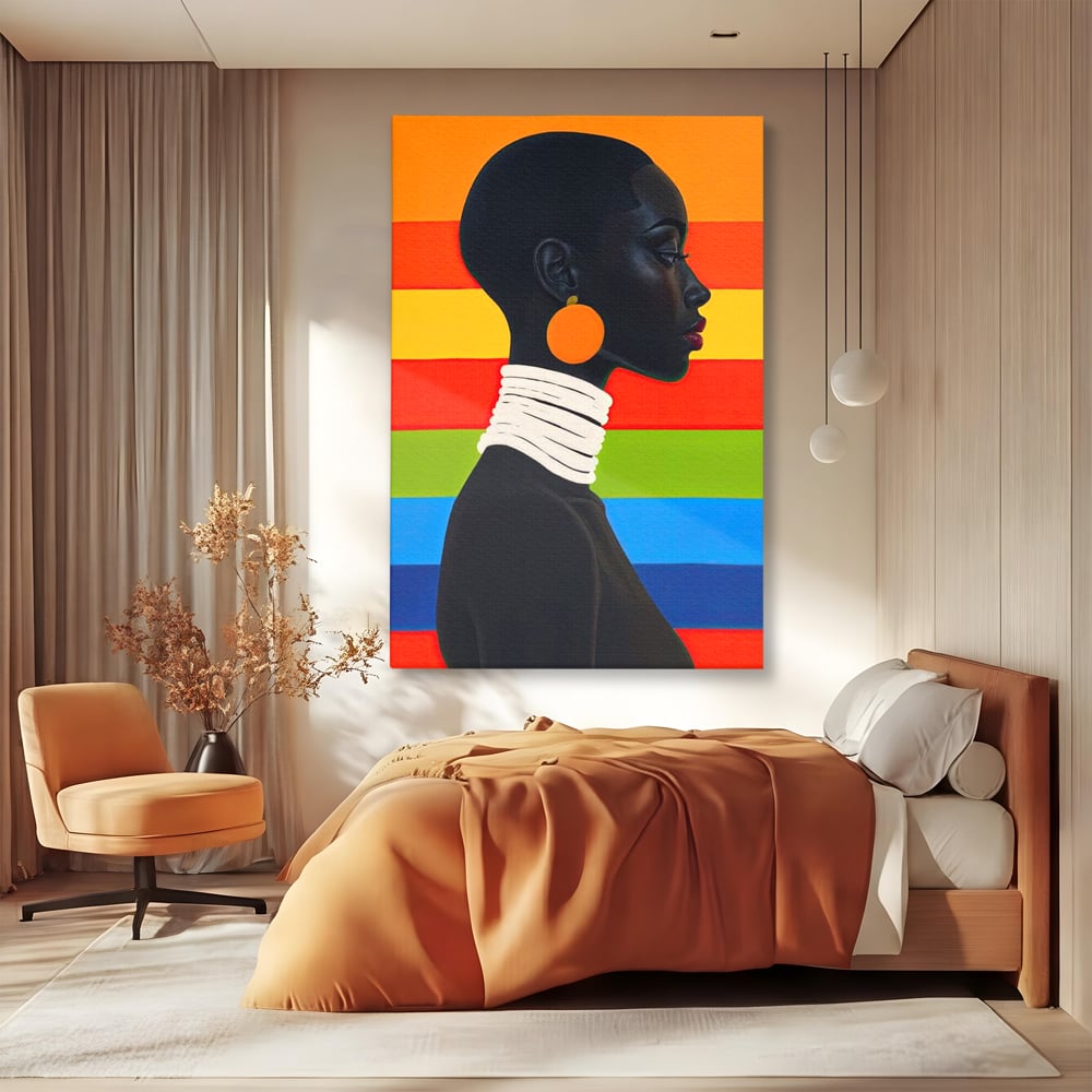 Leinwandbilder Premium, LuxCanva® G1132, Regenbogen Frau, Afro, Modernismus, Eleganz, Schmuck, Regenbogen, stilvoll, Profil, Halskette, Ohrringe, farbig, schön, Büro, Wohnen