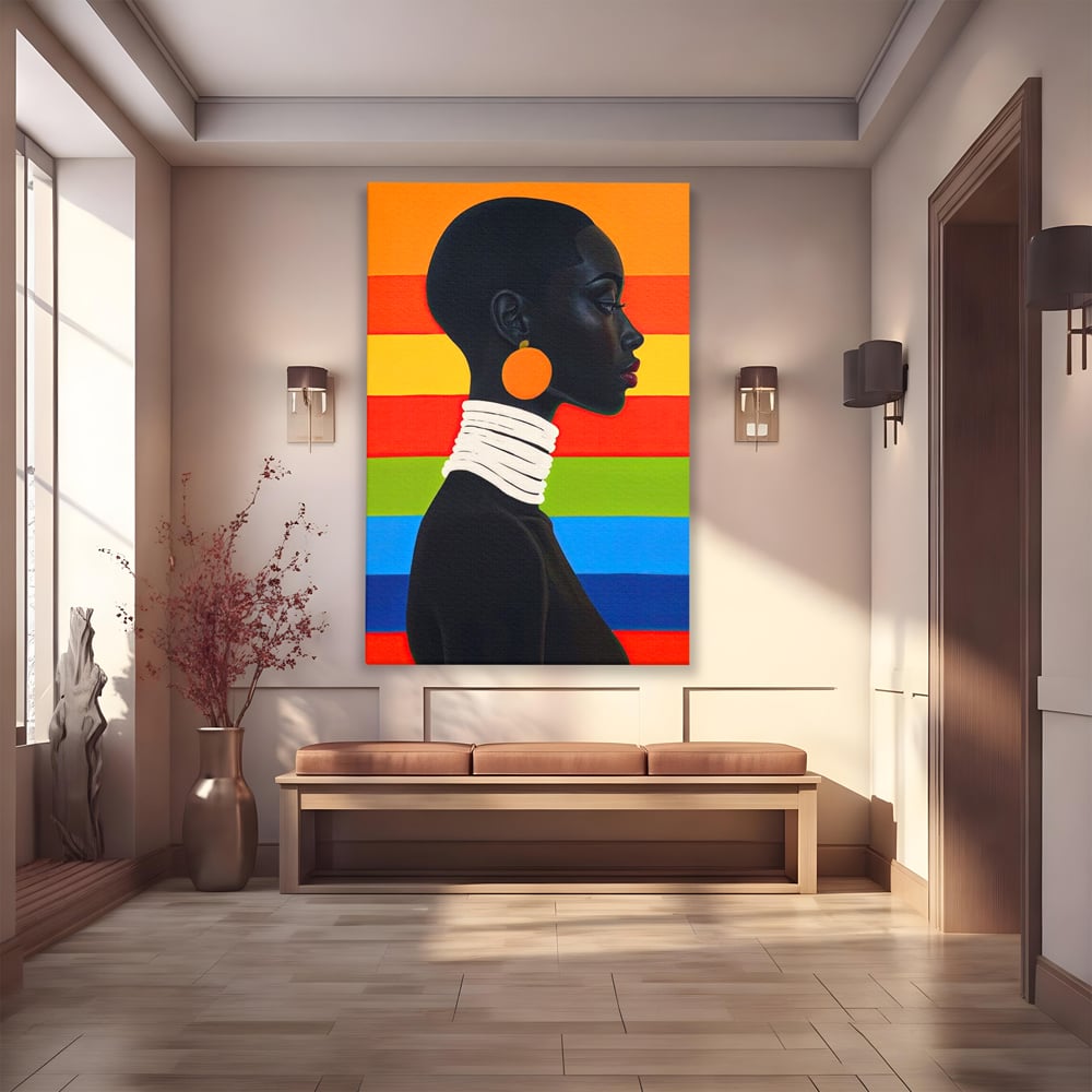 Leinwandbilder Premium, LuxCanva® G1132, Regenbogen Frau, Afro, Modernismus, Eleganz, Schmuck, Regenbogen, stilvoll, Profil, Halskette, Ohrringe, farbig, schön, Büro, Wohnen