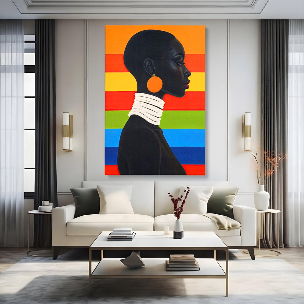 Leinwandbilder Premium, LuxCanva® G1132, Regenbogen Frau, Afro, Modernismus, Eleganz, Schmuck, Regenbogen, stilvoll, Profil, Halskette, Ohrringe, farbig, schön, Büro, Wohnen