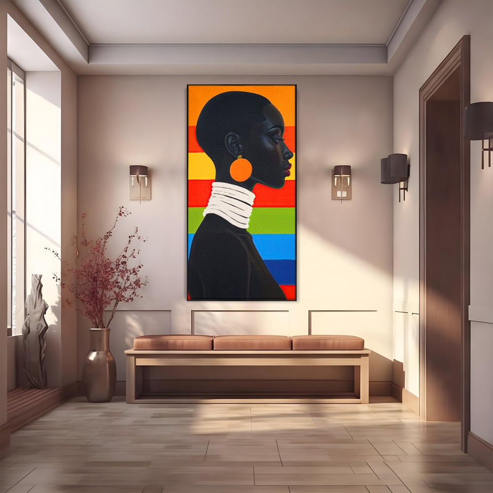 Leinwandbilder Premium, LuxCanva® G1132, Regenbogen Frau, Afro, Modernismus, Eleganz, Schmuck, Regenbogen, stilvoll, Profil, Halskette, Ohrringe, farbig, schön, Büro, Wohnen