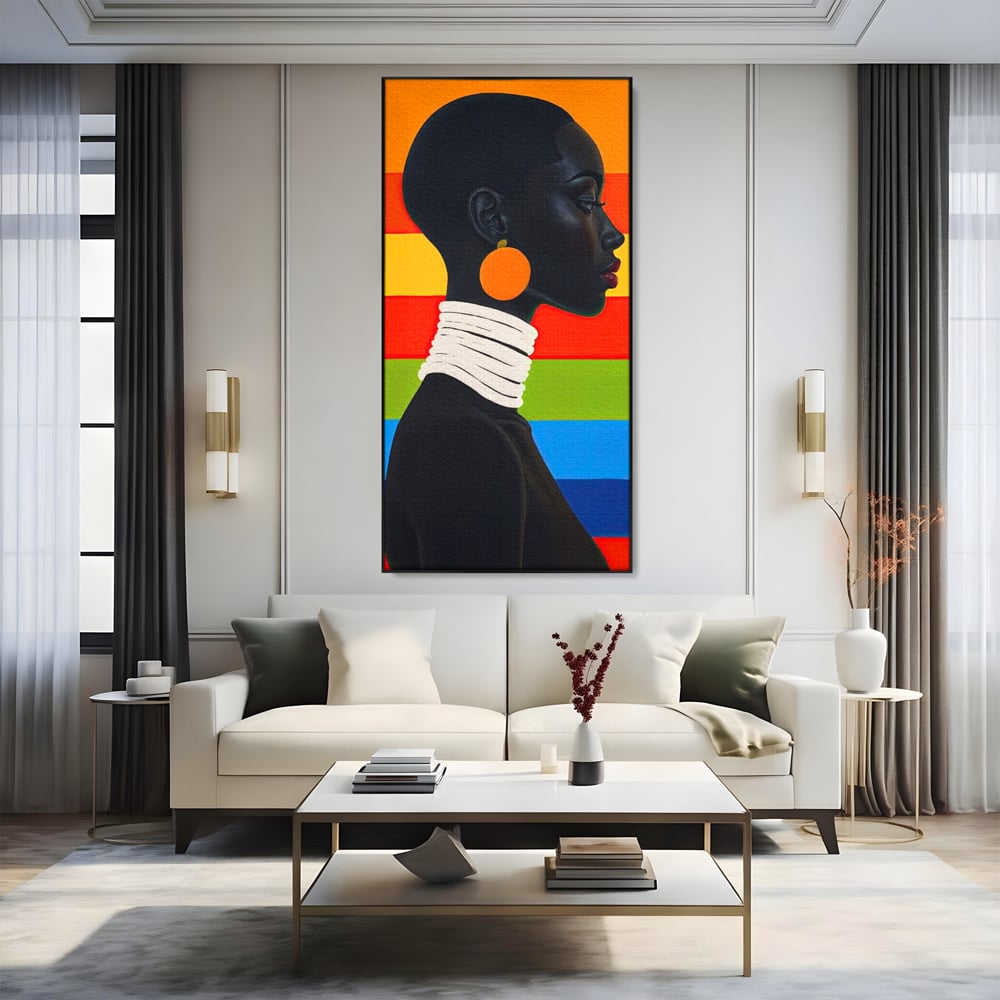 Leinwandbilder Premium, LuxCanva® G1132, Regenbogen Frau, Afro, Modernismus, Eleganz, Schmuck, Regenbogen, stilvoll, Profil, Halskette, Ohrringe, farbig, schön, Büro, Wohnen