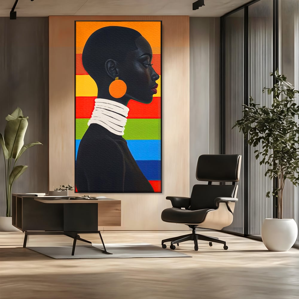 Leinwandbilder Premium, LuxCanva® G1132, Regenbogen Frau, Afro, Modernismus, Eleganz, Schmuck, Regenbogen, stilvoll, Profil, Halskette, Ohrringe, farbig, schön, Büro, Wohnen