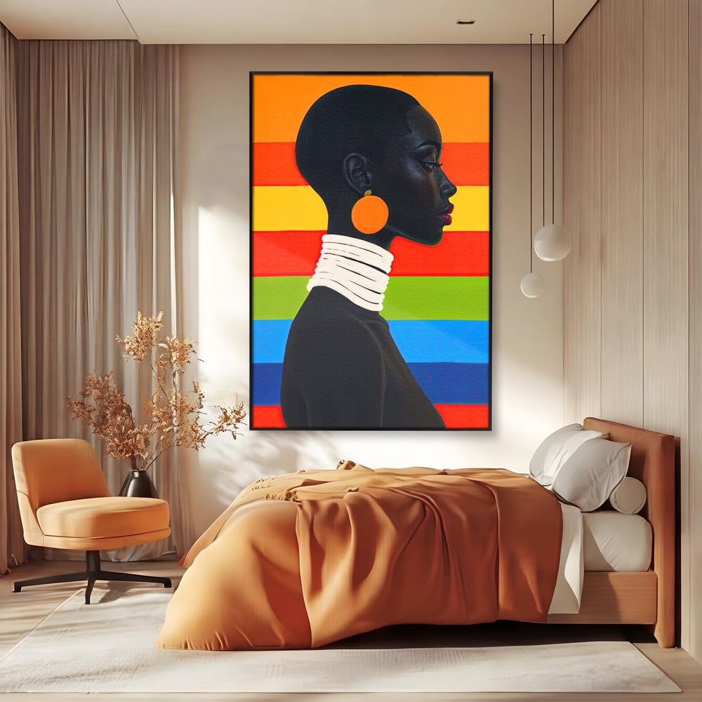 Leinwandbilder Premium, LuxCanva® G1132, Regenbogen Frau, Afro, Modernismus, Eleganz, Schmuck, Regenbogen, stilvoll, Profil, Halskette, Ohrringe, farbig, schön, Büro, Wohnen