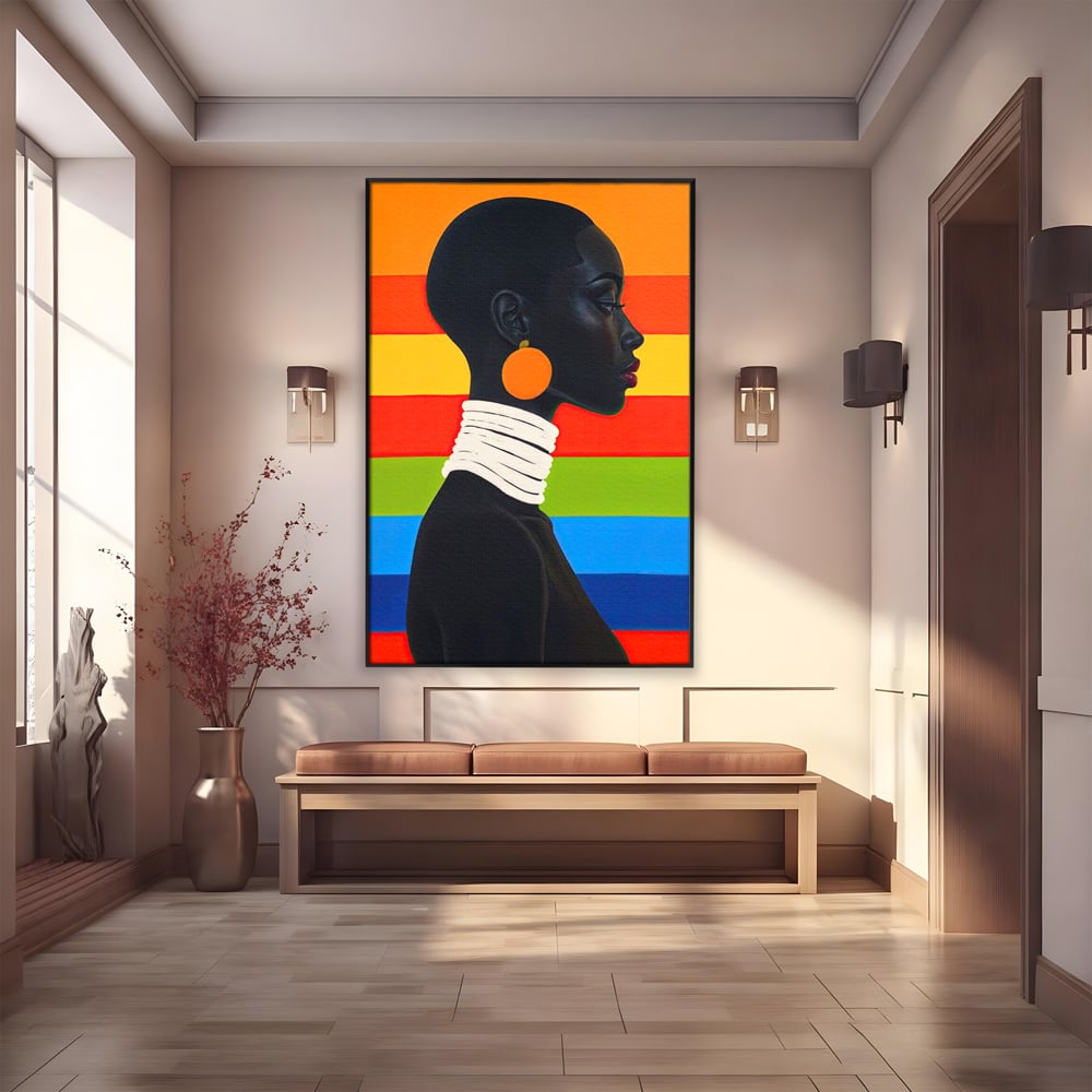 Leinwandbilder Premium, LuxCanva® G1132, Regenbogen Frau, Afro, Modernismus, Eleganz, Schmuck, Regenbogen, stilvoll, Profil, Halskette, Ohrringe, farbig, schön, Büro, Wohnen