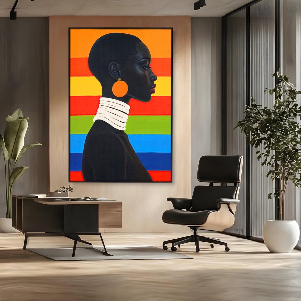 Leinwandbilder Premium, LuxCanva® G1132, Regenbogen Frau, Afro, Modernismus, Eleganz, Schmuck, Regenbogen, stilvoll, Profil, Halskette, Ohrringe, farbig, schön, Büro, Wohnen