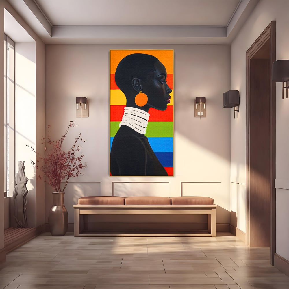 Leinwandbilder Premium, LuxCanva® G1132, Regenbogen Frau, Afro, Modernismus, Eleganz, Schmuck, Regenbogen, stilvoll, Profil, Halskette, Ohrringe, farbig, schön, Büro, Wohnen