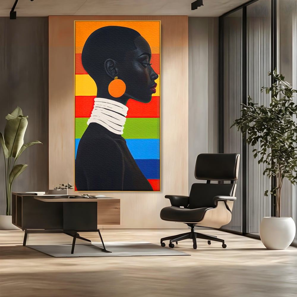 Leinwandbilder Premium, LuxCanva® G1132, Regenbogen Frau, Afro, Modernismus, Eleganz, Schmuck, Regenbogen, stilvoll, Profil, Halskette, Ohrringe, farbig, schön, Büro, Wohnen
